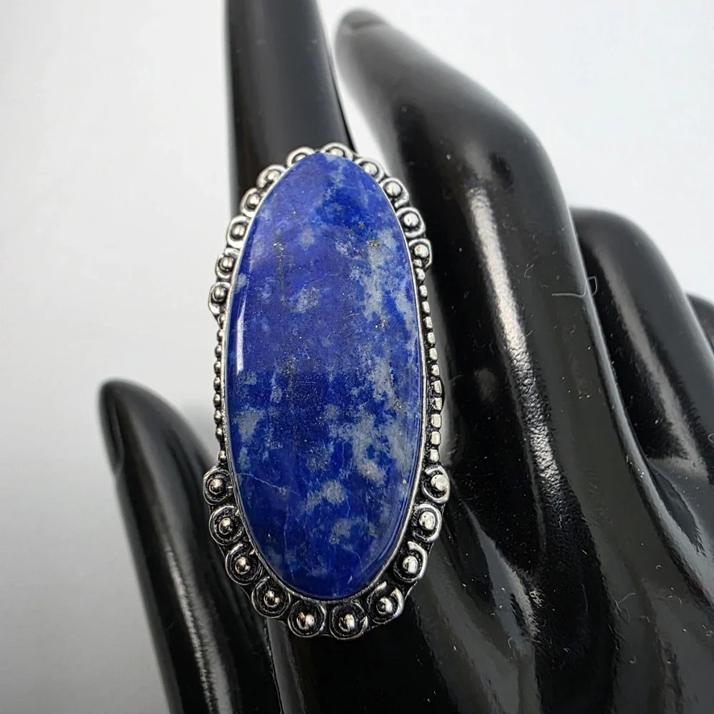 Tibetan Handmade Lapis Lazuli 925 Stamped Sterling Silver Plated Ring Size 8.75